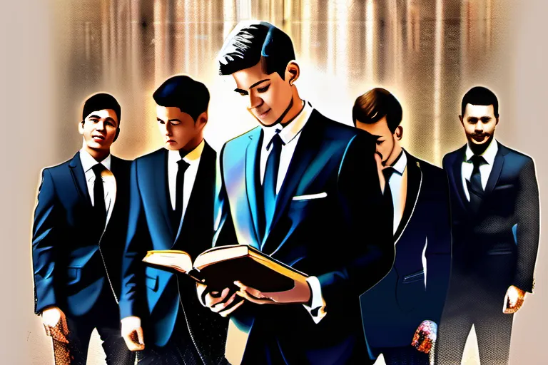 A group of young men in suits standing together with a scripture book, smiling and looking determined. - Mormon Missionaries