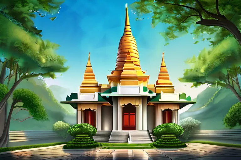 A serene image of a beautiful temple with lush greenery and a clear blue sky in the background, symbolizing the peace and spirituality associated with Mormonism. - Mormon Religion