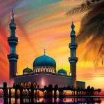 A vibrant mosque at sunset with minarets reaching towards the sky, symbolizing the enduring presence and spirituality of Islam. - Islam, Muslims, Religion, Culture, History