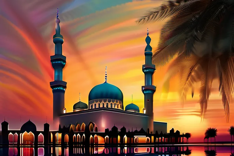 A vibrant mosque at sunset with minarets reaching towards the sky, symbolizing the enduring presence and spirituality of Islam. - Islam, Muslims, Religion, Culture, History