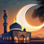 A serene mosque at sunset with a crescent moon and star in the sky - Muslim Beliefs