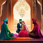 A beautiful, colorful image depicting a Muslim wedding ceremony with a romantic atmosphere. - Muslim Marriage Guide