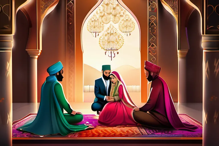 A beautiful, colorful image depicting a Muslim wedding ceremony with a romantic atmosphere. - Muslim Marriage Guide