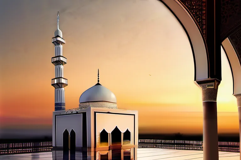 A serene mosque at sunset with a minaret reaching towards the sky. - Muslim Prayer Guide