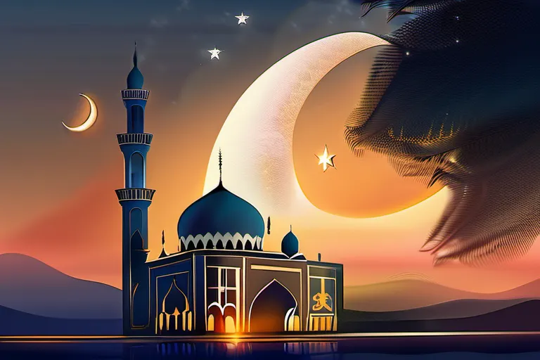 A serene mosque at sunset with the crescent moon and star visible in the sky. - Islam Guide