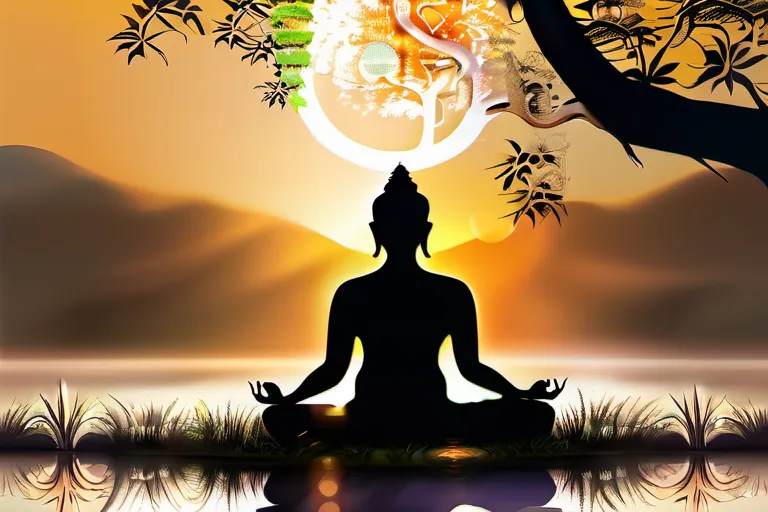 Create an image that depicts a serene landscape with a central figure meditating under a Bodhi tree, symbolizing enlightenment and Nirvana. - Nirvana in Buddhism