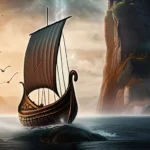 A visually appealing cover image featuring a Viking ship sailing towards a mystical island with runes etched into the cliffs. - Norse Paganism Guide