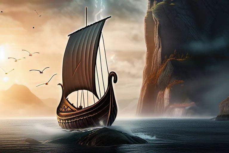 A visually appealing cover image featuring a Viking ship sailing towards a mystical island with runes etched into the cliffs. - Norse Paganism Guide