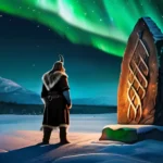 A dramatic depiction of a Viking warrior standing before an ancient runestone, with the Northern Lights dancing in the background. - Norse Religion