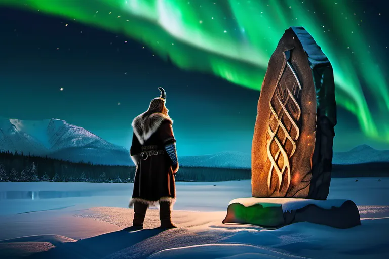 A dramatic depiction of a Viking warrior standing before an ancient runestone, with the Northern Lights dancing in the background. - Norse Religion