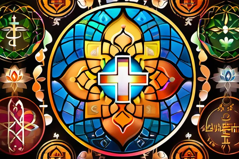 A vibrant, colorful mosaic of various religious symbols representing different faiths coming together harmoniously. - omnism