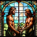 A serene image of a stained-glass window depicting Adam and Eve with a subtle representation of original sin. - original sin