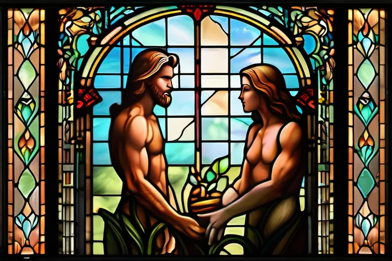 A serene image of a stained-glass window depicting Adam and Eve with a subtle representation of original sin. - original sin