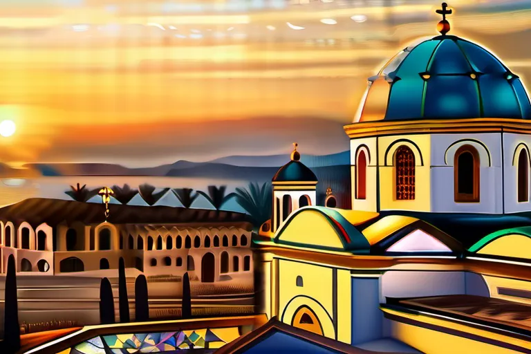 A beautiful Byzantine church at sunset with golden domes and intricate mosaics. - Orthodox Christianity