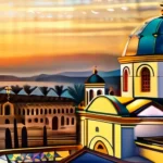 A beautiful Byzantine church at sunset with golden domes and intricate mosaics. - Orthodox Christianity