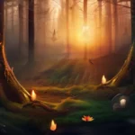 An image depicting a mystical forest at sunset with various symbols associated with different pagan traditions scattered throughout. - paganism