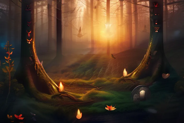 An image depicting a mystical forest at sunset with various symbols associated with different pagan traditions scattered throughout. - paganism