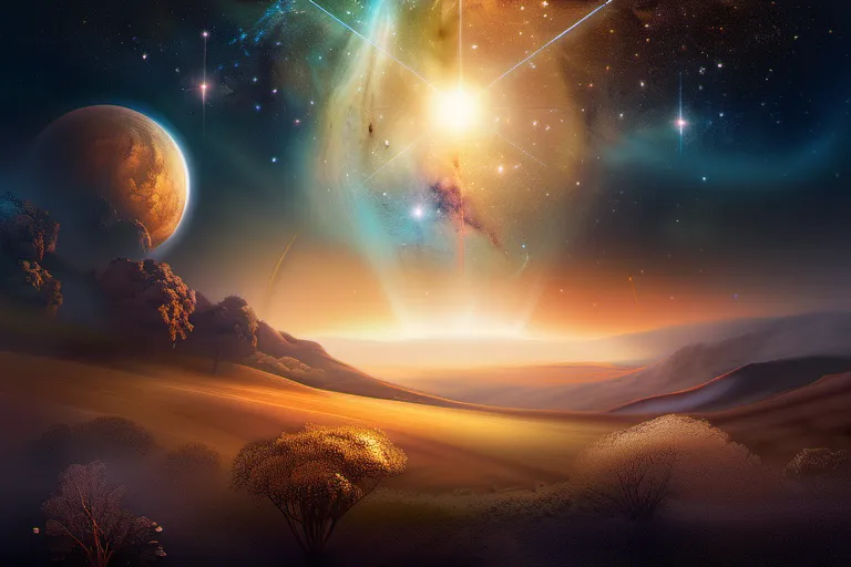 A serene image of a cosmic landscape, symbolizing the unity of God and the universe in pantheism. - pantheism