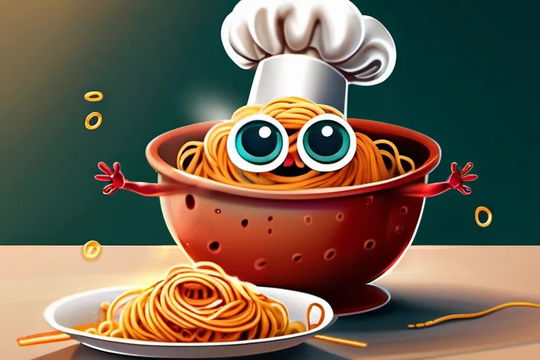 A playful illustration of a spaghetti-like creature with eyes, wearing a chef's hat, holding a colander. - Pastafarianism