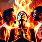 A dynamic image showcasing a diverse group of people praying with tongues of fire above their heads, symbolizing the Holy Spirit. - Pentecostal religion