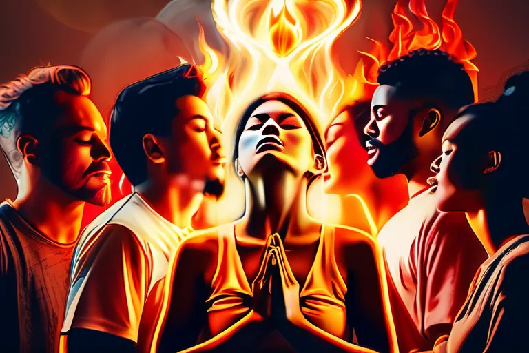 A dynamic image showcasing a diverse group of people praying with tongues of fire above their heads, symbolizing the Holy Spirit. - Pentecostal religion