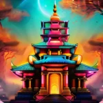 An image depicting a vibrant, colorful temple with multiple towers representing various deities. - polytheism religions