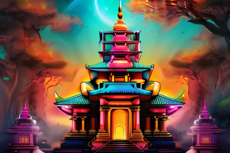 An image depicting a vibrant, colorful temple with multiple towers representing various deities. - polytheism religions