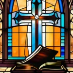 A stained-glass window depicting a Presbyterian church with an open Bible and cross. - Presbyterianism