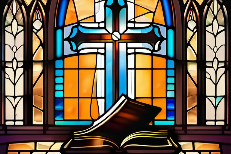 A stained-glass window depicting a Presbyterian church with an open Bible and cross. - Presbyterianism