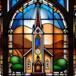 A stained-glass window depicting a protestant church with various Christian symbols. - Protestant Christianity