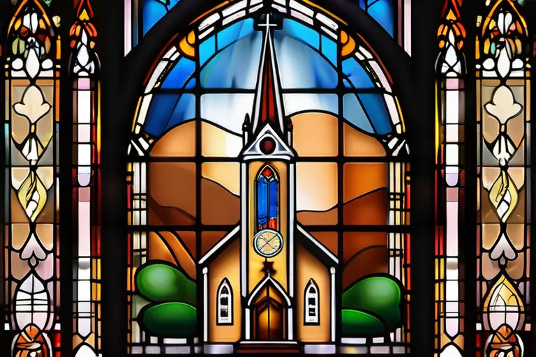 A stained-glass window depicting a protestant church with various Christian symbols. - Protestant Christianity