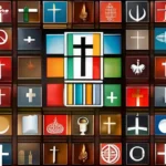 A colorful mosaic of various Protestant church symbols representing unity and diversity within the faith. - Protestant Churches