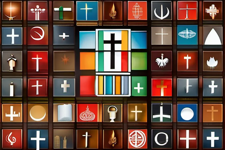 A colorful mosaic of various Protestant church symbols representing unity and diversity within the faith. - Protestant Churches