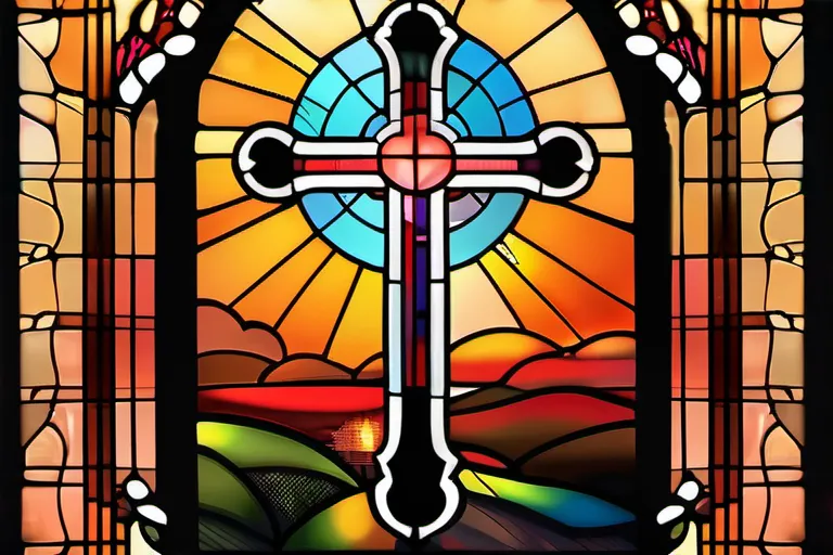 A stained-glass window depicting a Protestant cross against a sunset backdrop. - Protestantism