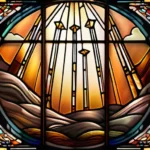 A stained-glass window depicting souls ascending towards a bright light, symbolizing the journey through Purgatory. - Purgatory Catholicism