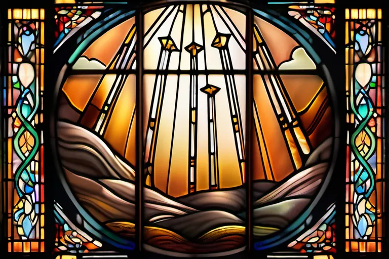 A stained-glass window depicting souls ascending towards a bright light, symbolizing the journey through Purgatory. - Purgatory Catholicism