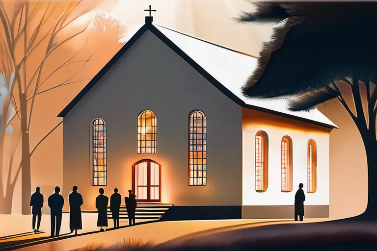 A serene image of a Quaker meeting house with people gathered inside. - Quakerism