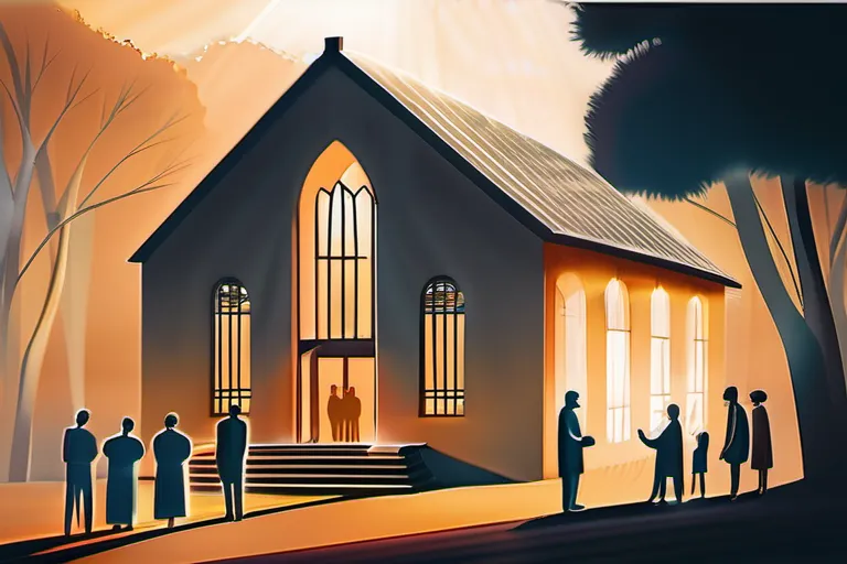 A serene image of a Quaker meeting house with people gathered inside for worship. - Quaker beliefs