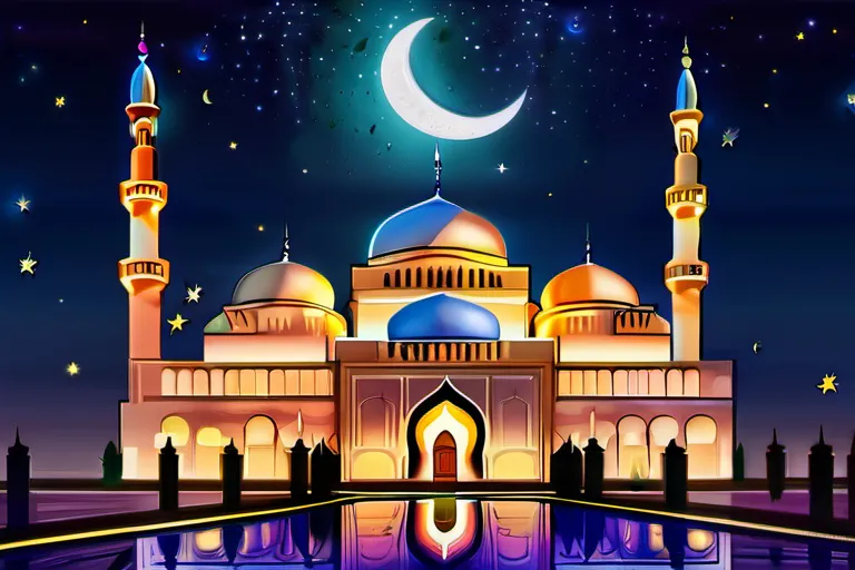 A beautiful mosque under a starry night sky, with a vibrant crescent moon hovering just above it. - Ramadan