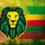 A vibrant image featuring the colors green, gold, and red, representing the Ethiopian flag and the Rastafari movement, with a lion of Judah, a symbol of Emperor Haile Selassie I, in the foreground. - rastafarianism