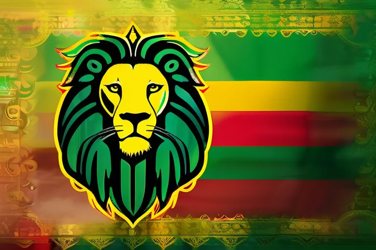 A vibrant image featuring the colors green, gold, and red, representing the Ethiopian flag and the Rastafari movement, with a lion of Judah, a symbol of Emperor Haile Selassie I, in the foreground. - rastafarianism