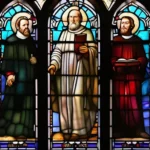 A stained-glass window depicting key figures in Reformed Theology. - Reformed Theology