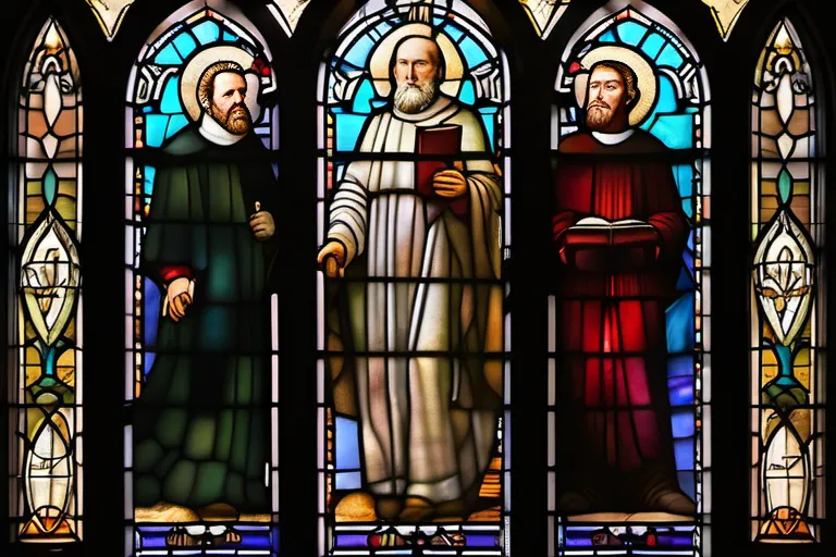 A stained-glass window depicting key figures in Reformed Theology. - Reformed Theology