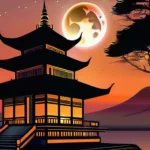 A serene image of a Buddhist temple at sunset, with the moon rising over the horizon, symbolizing the cyclical nature of reincarnation. - reincarnation in Buddhism