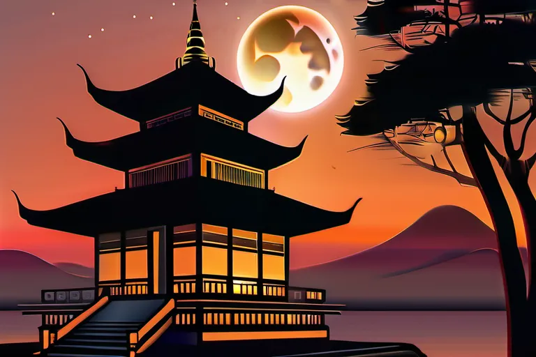 A serene image of a Buddhist temple at sunset, with the moon rising over the horizon, symbolizing the cyclical nature of reincarnation. - reincarnation in Buddhism