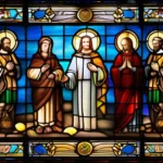 A stained-glass window depicting various saints and religious symbols, representing the rich history and traditions of the Roman Catholic Church. - Roman Catholic Church