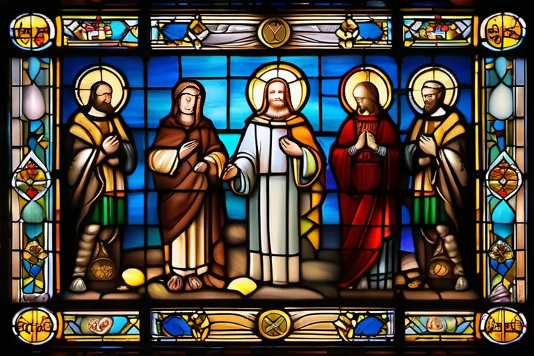 A stained-glass window depicting various saints and religious symbols, representing the rich history and traditions of the Roman Catholic Church. - Roman Catholic Church