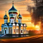 A majestic golden-domed Russian Orthodox church at sunset. - russian orthodox religion