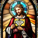 A stained-glass window depicting a saint with a halo, symbolizing holiness. - sainthood Christianity