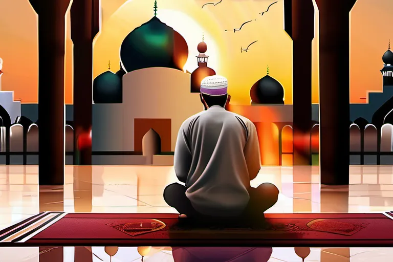 A serene mosque at sunset with a Muslim performing Salah. - Salah in Islam